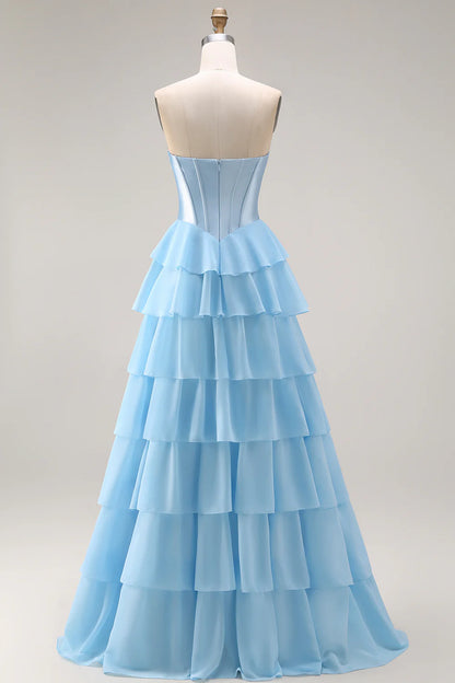 Aimishang Princess A-Line Strapless Sweetheart Tiered Ruffle Long Formal Prom Dress Lovely Evening Party Dress with Slit