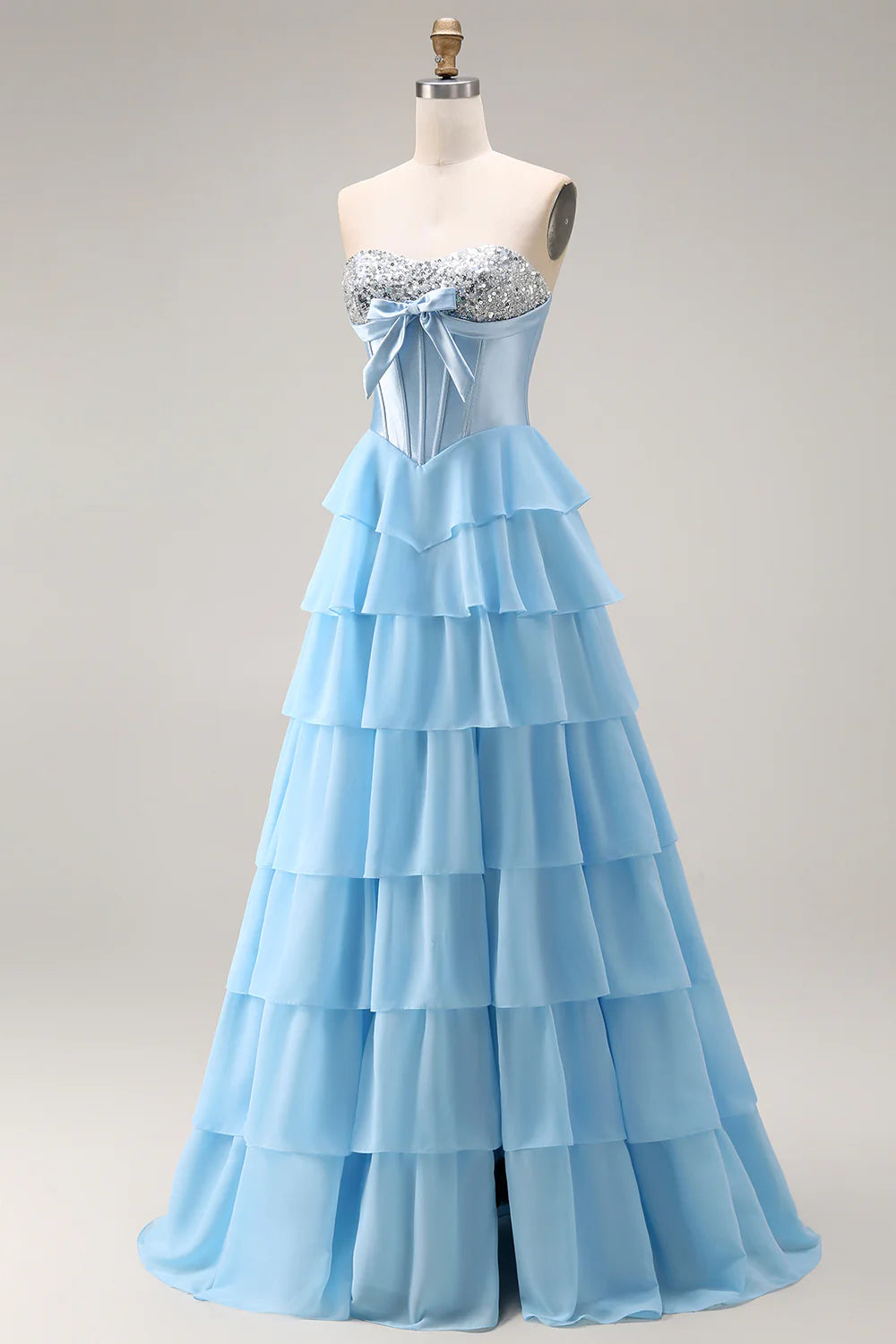 Aimishang Princess A-Line Strapless Sweetheart Tiered Ruffle Long Formal Prom Dress Lovely Evening Party Dress with Slit
