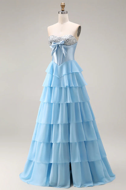Aimishang Princess A-Line Strapless Sweetheart Tiered Ruffle Long Formal Prom Dress Lovely Evening Party Dress with Slit