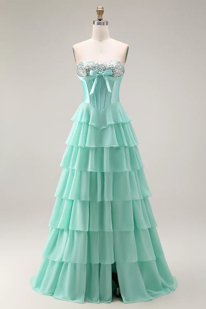 Aimishang Princess A-Line Strapless Sweetheart Tiered Ruffle Long Formal Prom Dress Lovely Evening Party Dress with Slit