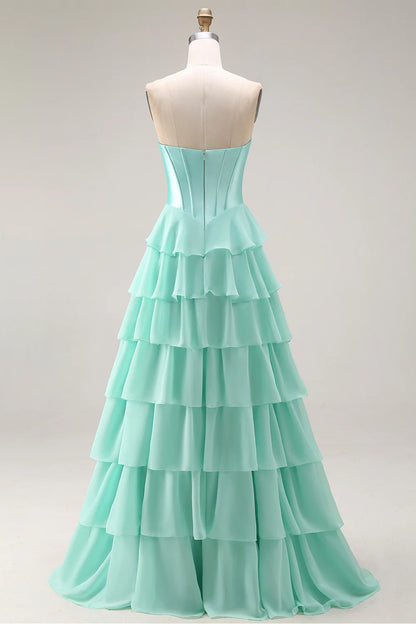 Aimishang Princess A-Line Strapless Sweetheart Tiered Ruffle Long Formal Prom Dress Lovely Evening Party Dress with Slit