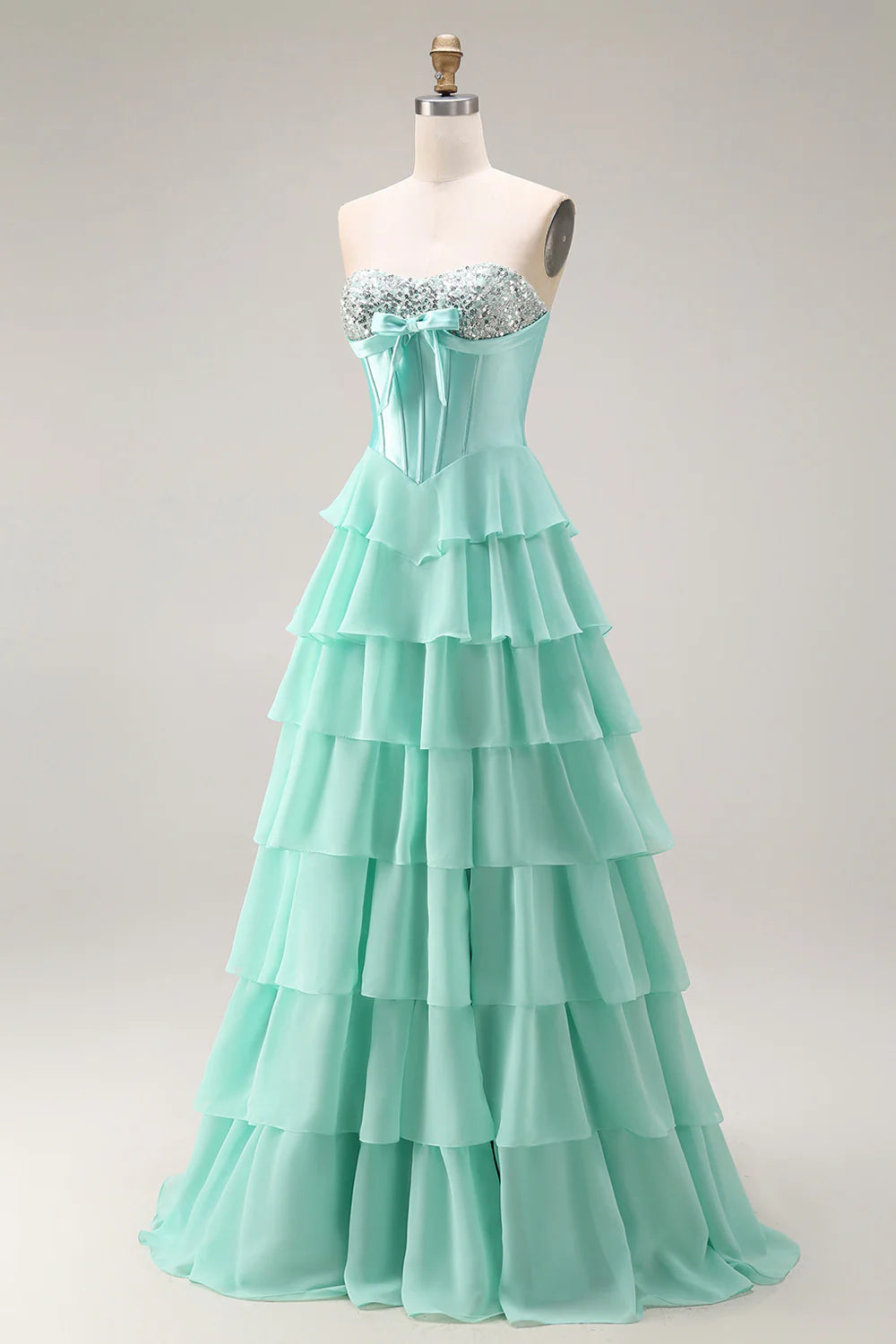 Aimishang Princess A-Line Strapless Sweetheart Tiered Ruffle Long Formal Prom Dress Lovely Evening Party Dress with Slit