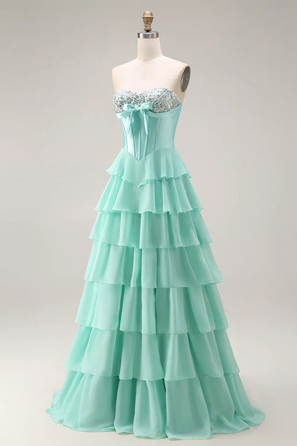Aimishang Princess A-Line Strapless Sweetheart Tiered Ruffle Long Formal Prom Dress Lovely Evening Party Dress with Slit