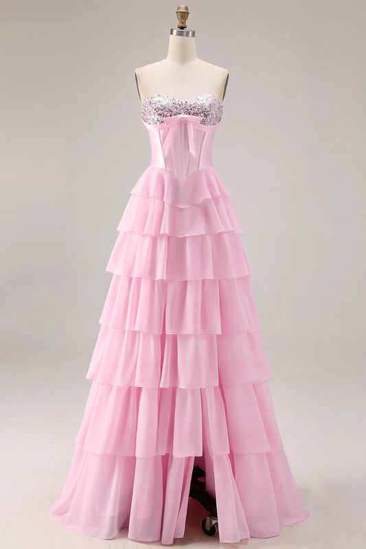 Aimishang Princess A-Line Strapless Sweetheart Tiered Ruffle Long Formal Prom Dress Lovely Evening Party Dress with Slit