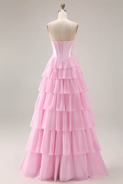 Aimishang Princess A-Line Strapless Sweetheart Tiered Ruffle Long Formal Prom Dress Lovely Evening Party Dress with Slit