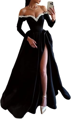 Wholesale A-Line Sexy Evening Dress Formal Prom Dress Sweep/Brush Train Long Sleeve Off Shoulder Satin with Pearls Slit