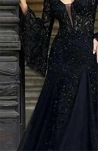 Wholesa A-Line Evening Gown Black Dress Vintage Formal Wedding Guest Floor Length Long Sleeve V Neck Lace with Appliques