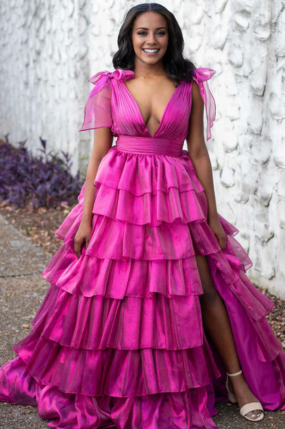 Wholesale Glitter Tie Straps Pink Plunging Neck Tiered Long Prom Dress