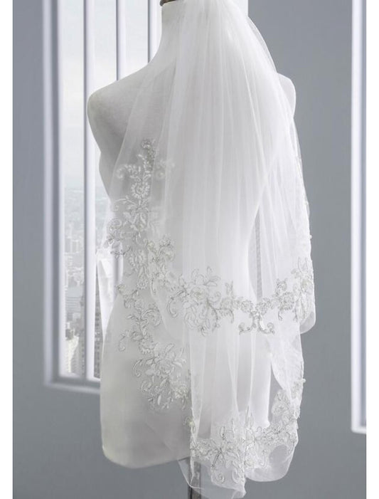 Wholesale Two-tier Wedding Veil Elbow Veils with Faux Pearl / Embroidery POLY / Drop Veil