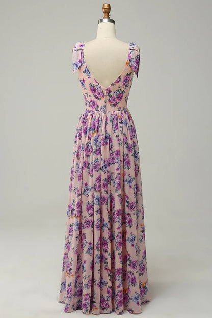 Wholesale A Line V Neck Pink Floral Printed Long Bridesmaid Dress