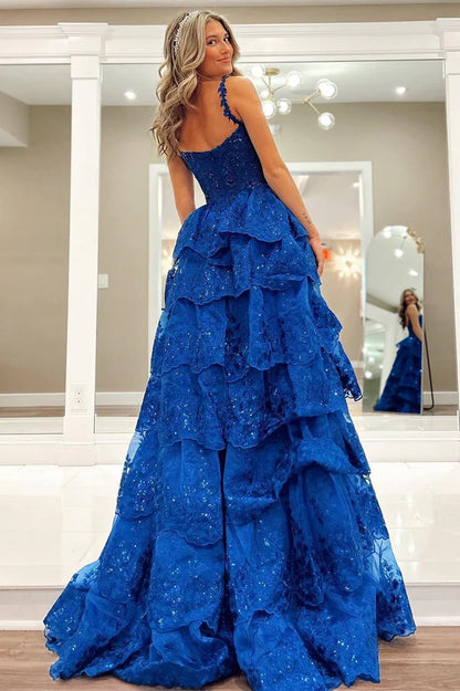 Wholesale Elegant Blue Evening Dress Tulle Sequin Sweetheart Ruffle Tiered Long Gown