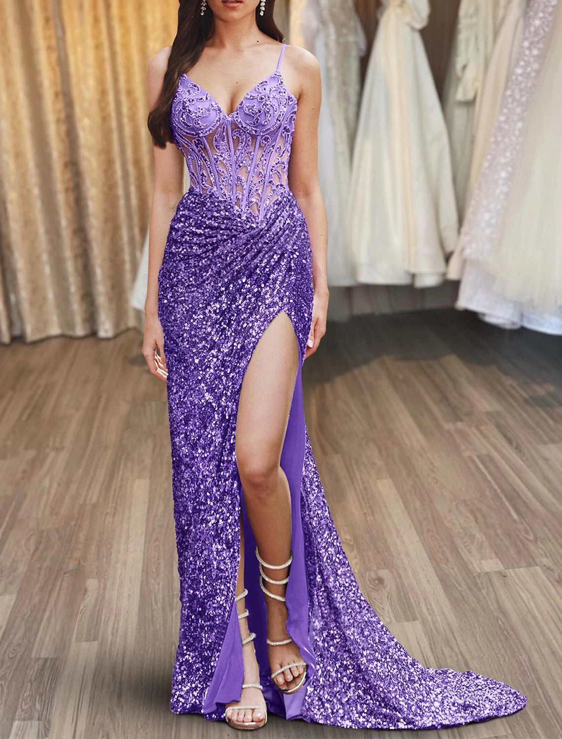 Wholesale Mermaid / Trumpet Prom Dresses Dresses Gowns Evening Dresses Formal Wedding Guest Floor Length Sleeveless Spaghetti Strap Sequined with Slit Appliques