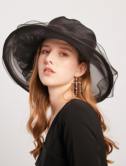 Wholesale Headwear Cotton Blend Bucket Hat Casual Holiday Melbourne Cup Cocktail Royal Lace With Cascading Ruffles Flower Headpiece