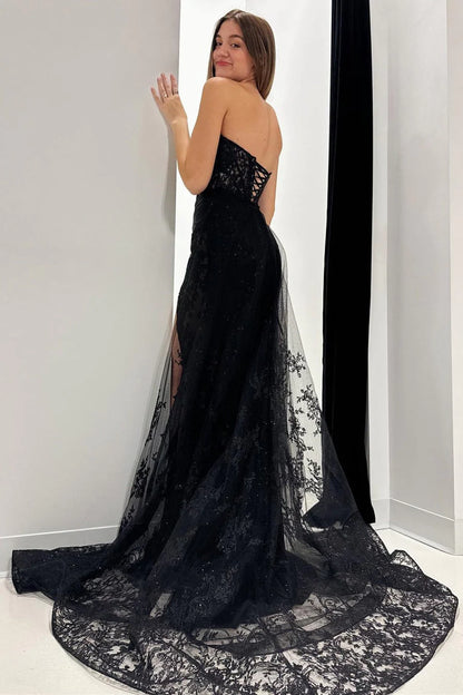 Wholesa Black Lace Strapless Long Formal Dress with Attached Train