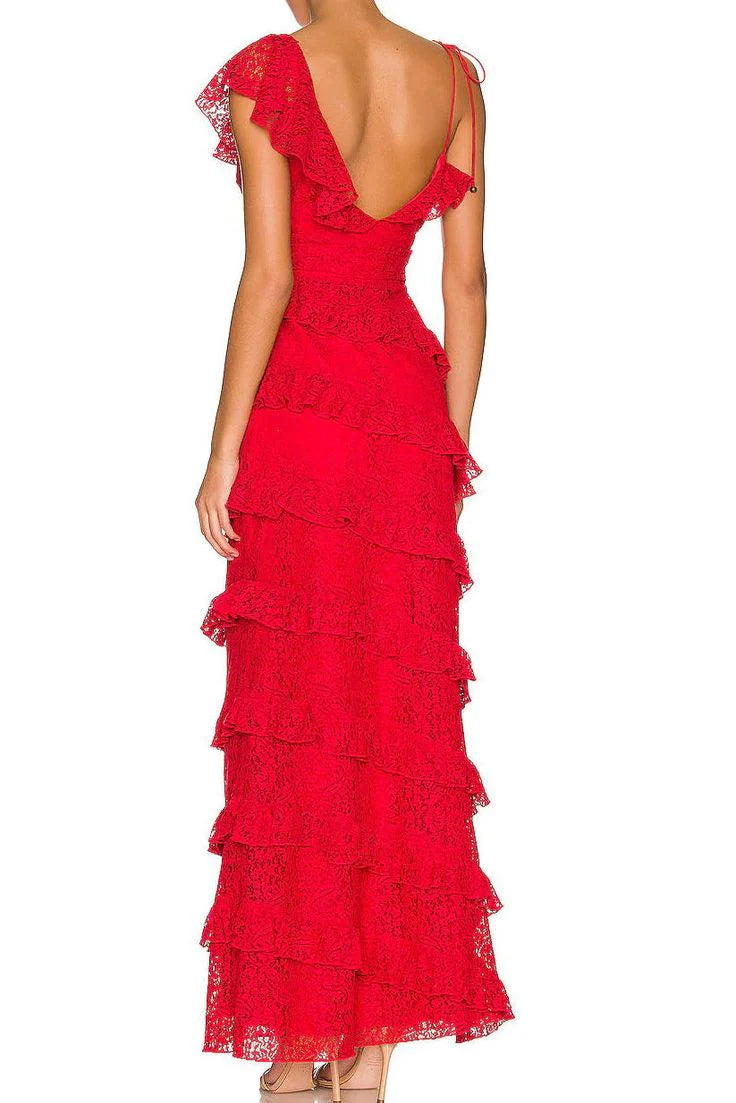 Wholesale Elegant Red Lace Long Prom Dress Tiered Evening Dresses Graduation Gown