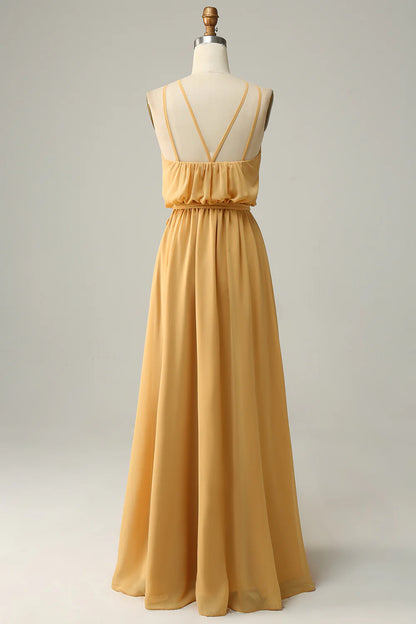 Wholesale A Line Halter Yellow Long Bridesmaid Dress with Bowknot