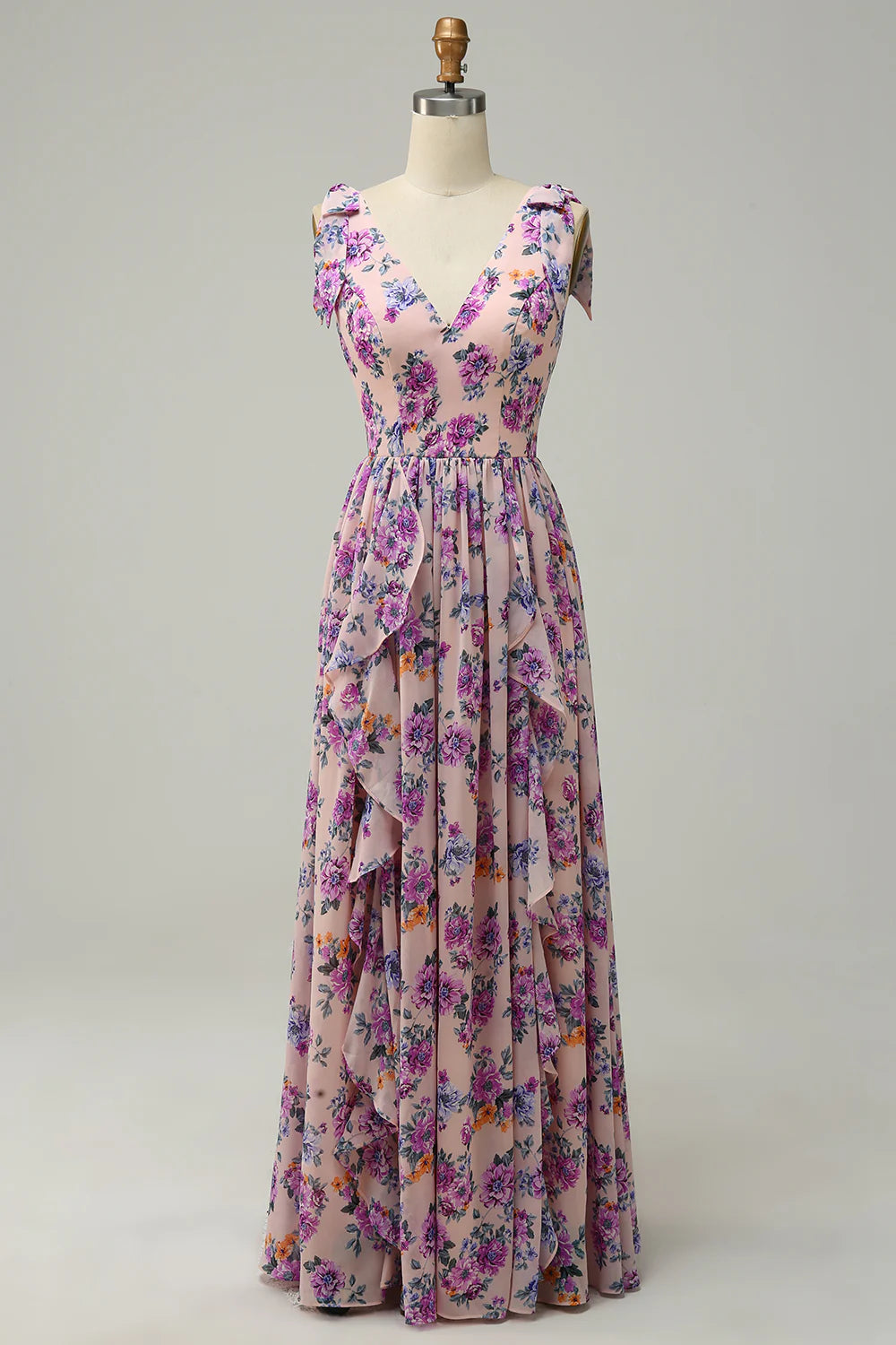 Wholesale A Line V Neck Pink Floral Printed Long Bridesmaid Dress