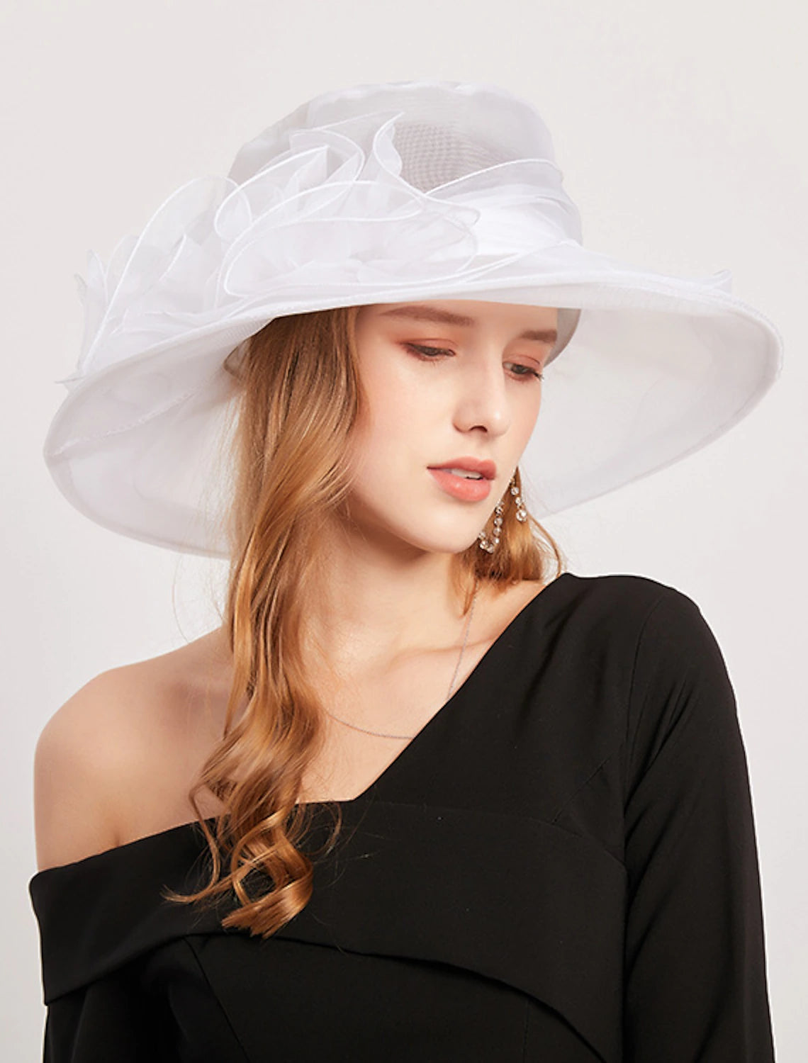 Wholesale Headwear Cotton Blend Bucket Hat Casual Holiday Melbourne Cup Cocktail Royal Lace With Cascading Ruffles Flower Headpiece