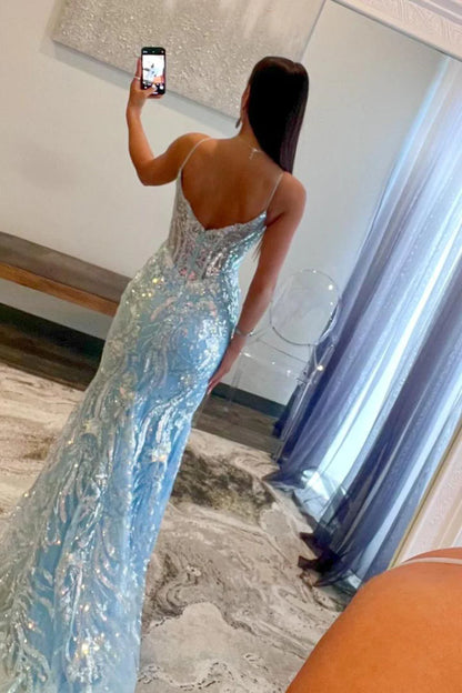 Wholesa Light Blue Sequins Appliques V Neck Long Prom Dresses