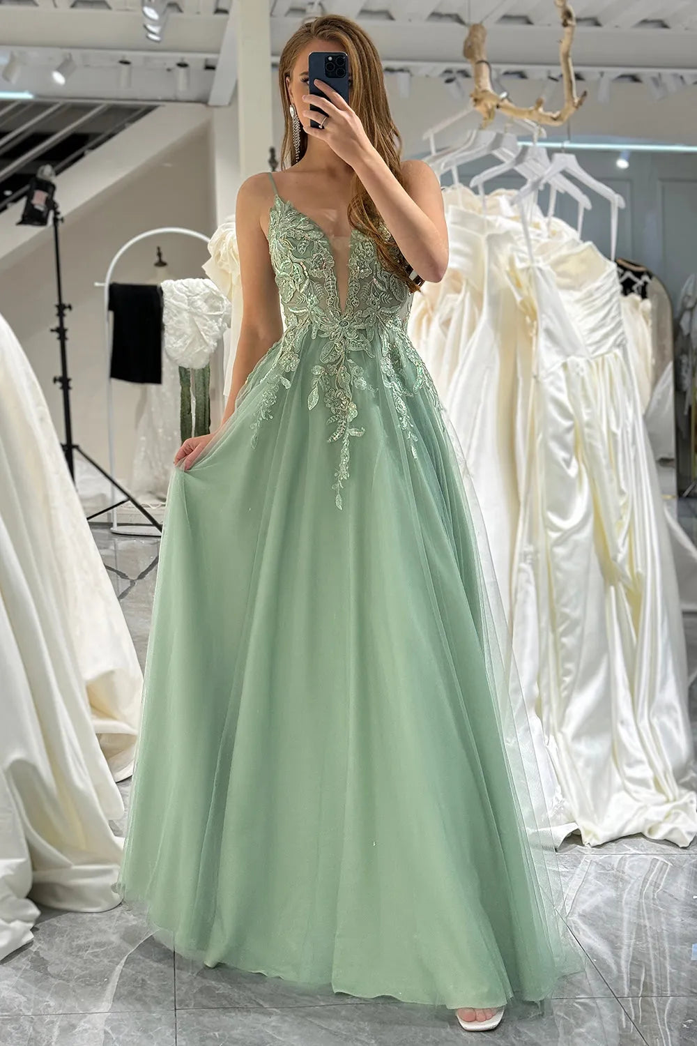 Wholesale A-Line Tulle Backless Prom Dress With Glitter Appliques