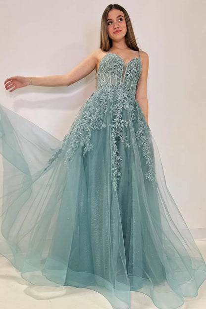 Wholesa Sweetheart Spaghetti Straps Tulle A-Line Long Prom Dresses with Appliques