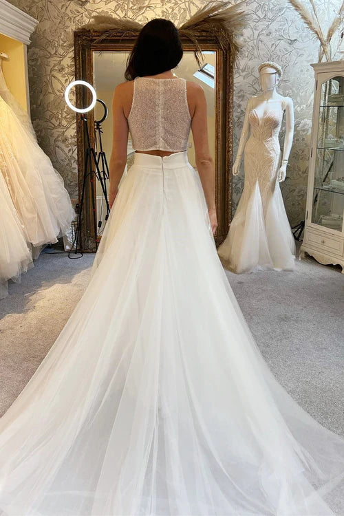 Wholesale Elegant A-Line Two-Piece White Beaded A-Line Long Wedding Dress