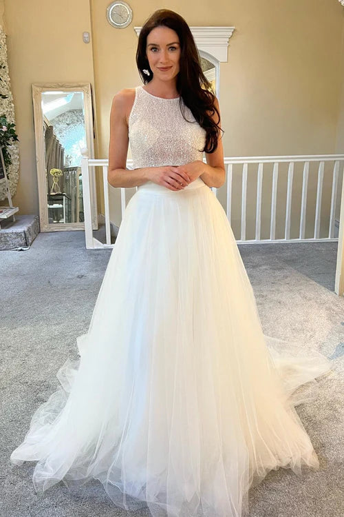 Wholesale Elegant A-Line Two-Piece White Beaded A-Line Long Wedding Dress