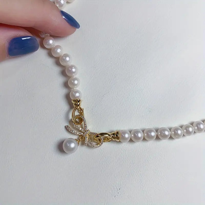 Wholesale 1pc Freshwater Pearl Necklace, Elegant Style Zircon Bow Decor Pearl Necklace With 14K Gold Plated Sterling Silver Clasp Design, Banquet Jewelry Gift With Box