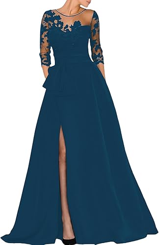 Wholesale A-Line Elegant Wedding Guest Dress Court Train Jewel Neck 3/4 Sleeve Evening Dress with Beading Slit Appliques Fall Wedding Guest Dress November