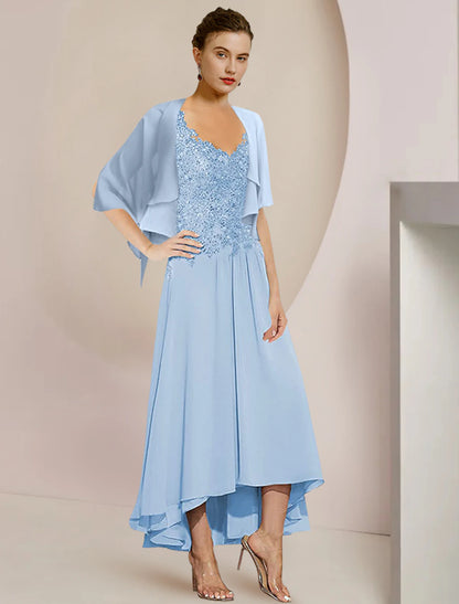 Wholesale Two Piece A-Line Mother of the Bride Dress Formal Wedding Guest Elegant High Low V Neck Asymmetrical Tea Length Chiffon Lace 3/4 Length Sleeve Wrap Included with Sequin Appliques