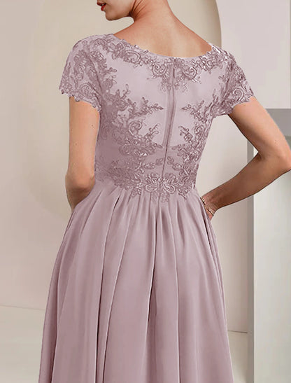 Wholesale Two Piece A-Line Mother of the Bride Dress Formal Wedding Guest Elegant V Neck Asymmetrical Tea Length Chiffon Lace Short Sleeve Wrap Included with Pleats Appliques