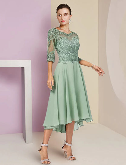 Wholesale Two Piece A-Line Mother of the Bride Dress Formal Wedding Guest Elegant High Low Scoop Neck Asymmetrical Tea Length Chiffon Lace Half Sleeve Wrap Included with Beading Appliques