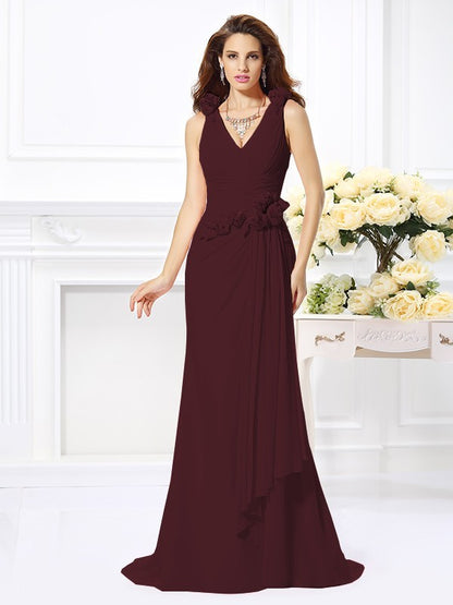 Wholesale Mermaid Chiffon V-neck Sleeveless Sweep/Brush Train With Hand-Made Flower Bridesmaid Dresses