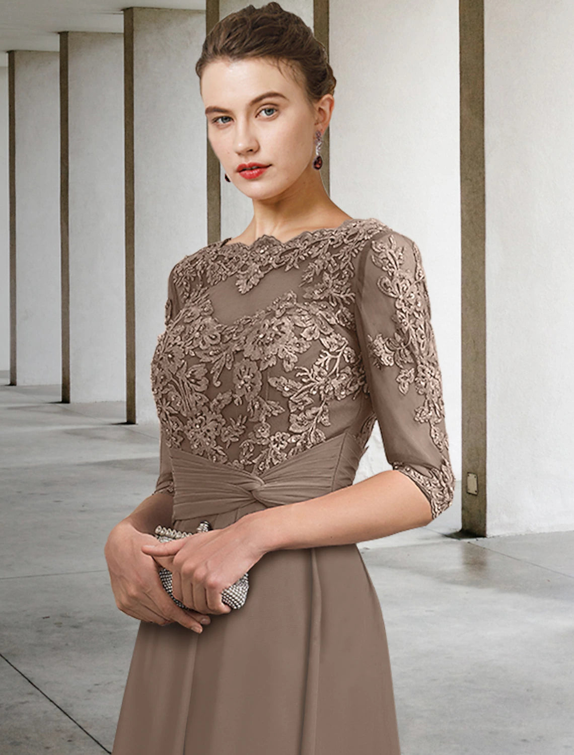 Wholesale A-Line Mother of the Bride Dress Wedding Guest Plus Size Elegant Jewel Neck Ankle Length Chiffon Lace Half Sleeve with Ruched Beading Appliques Fall