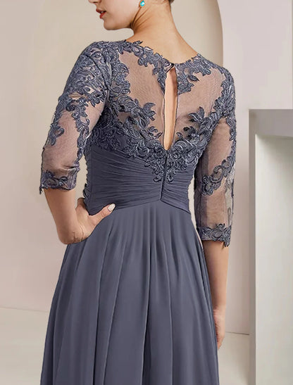 Wholesale  Two Piece A-Line Mother of the Bride Dress Formal Wedding Guest Elegant Scoop Neck Tea Length Chiffon Lace 3/4 Length Sleeve Wrap Included with Appliques Ruching