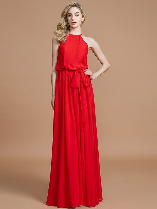 Wholesale A-Line Halter Sleeveless With Sash/Ribbon/Belt Floor-Length Chiffon Bridesmaid Dresses