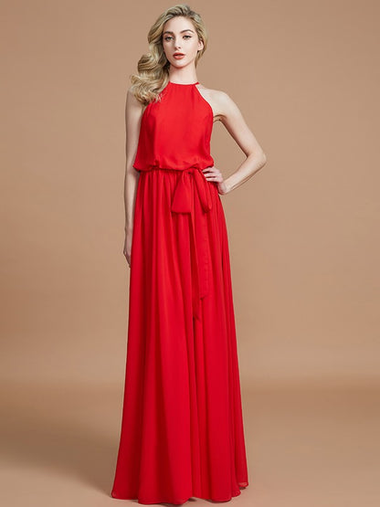 Wholesale A-Line Halter Sleeveless With Sash/Ribbon/Belt Floor-Length Chiffon Bridesmaid Dresses