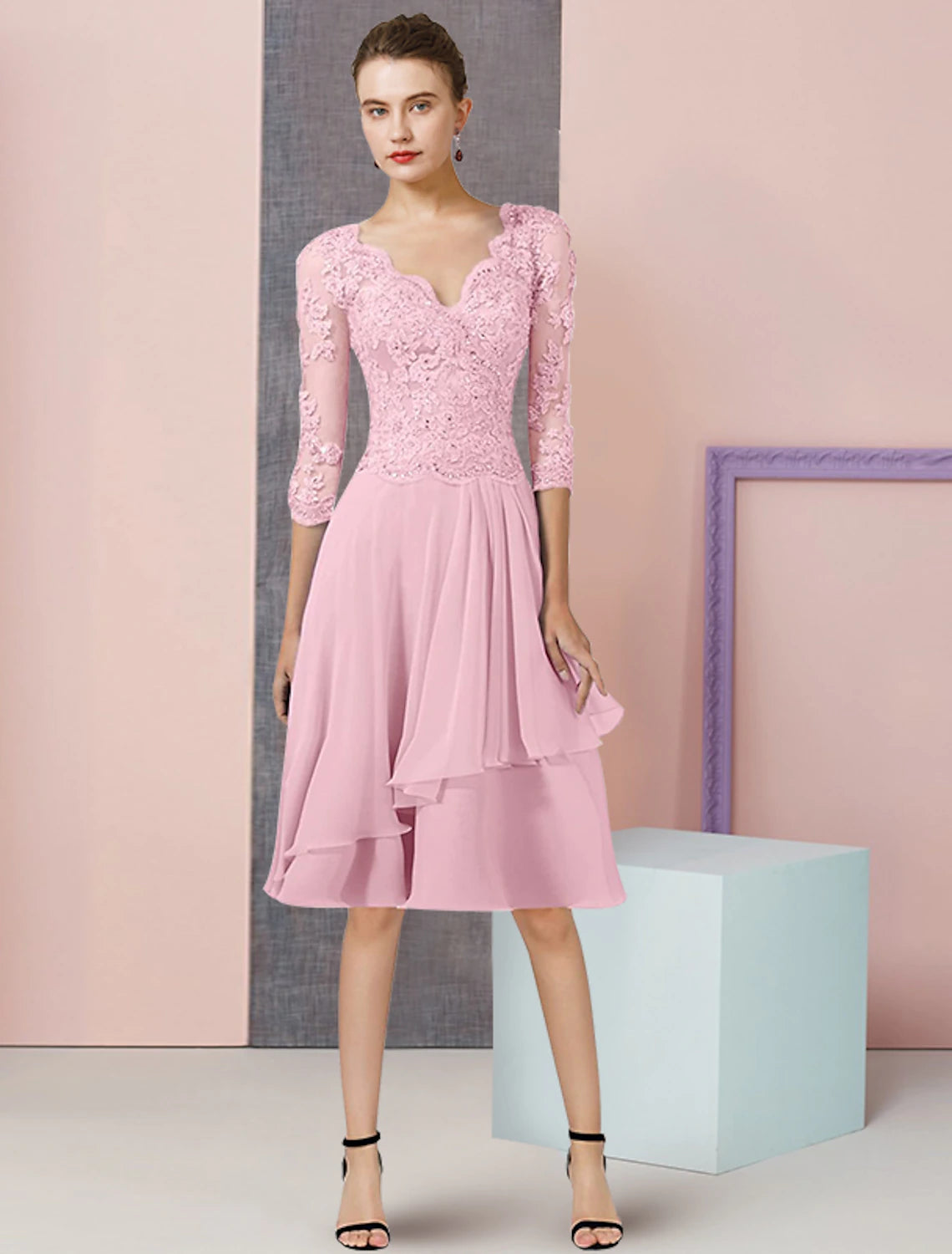 Wholesale Two Piece A-Line Mother of the Bride Dress Formal Wedding Guest Elegant V Neck Knee Length Chiffon Lace 3/4 Length Sleeve Wrap Included with Beading Sequin Appliques