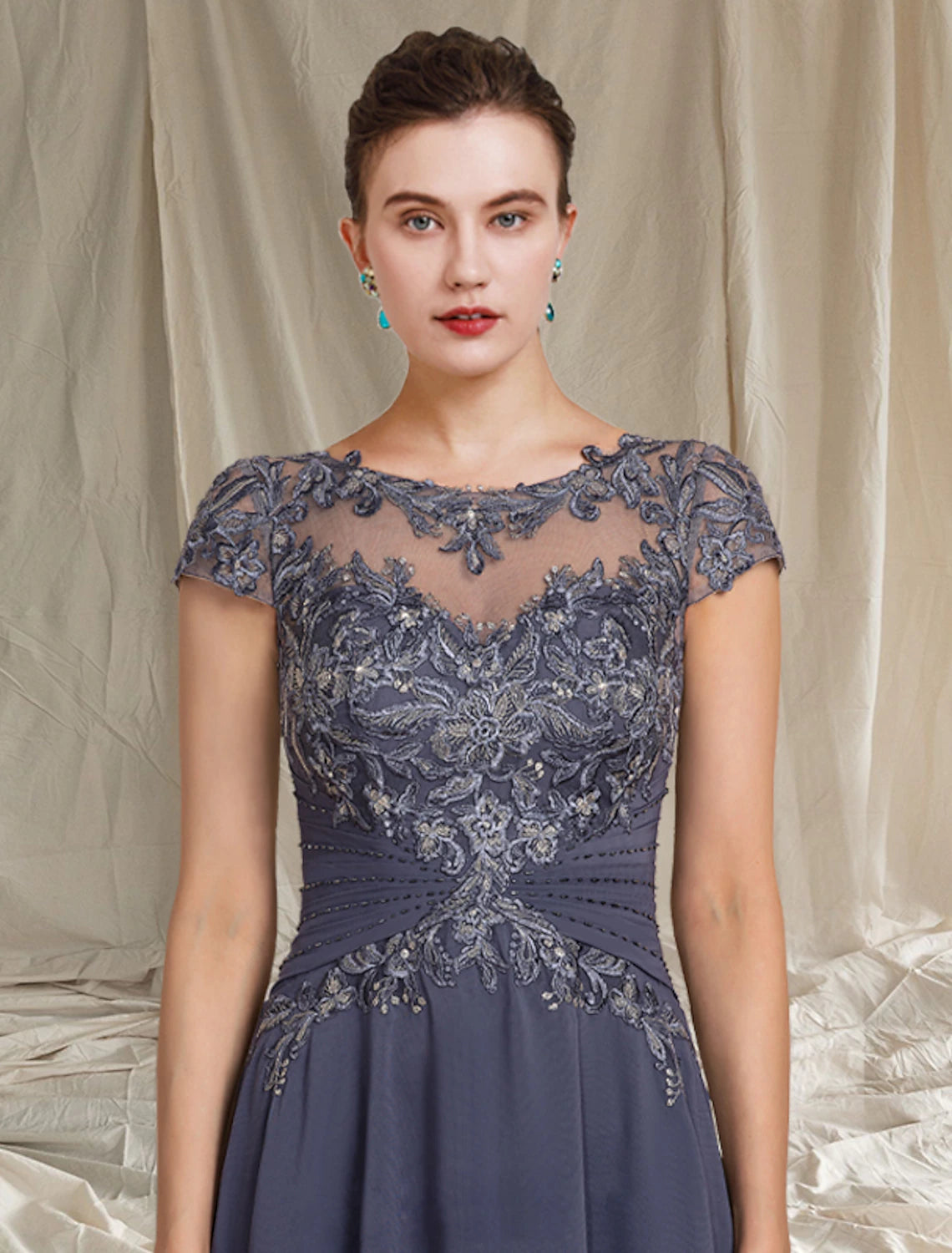 Wholesale Two Piece A-Line Mother of the Bride Dress Formal Wedding Guest Elegant Scoop Neck Asymmetrical Tea Length Chiffon Lace Short Sleeve Wrap Included with Beading Appliques