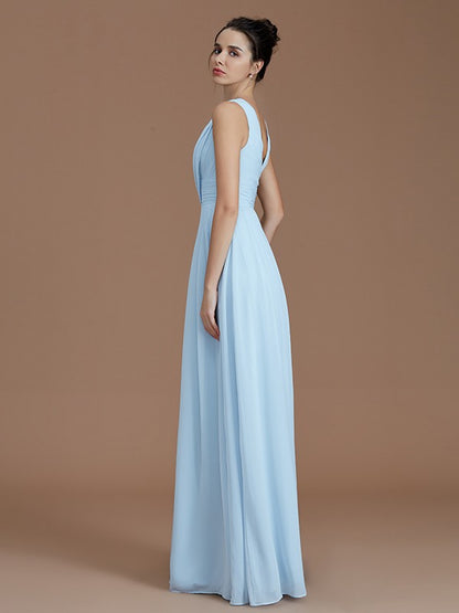 Wholesale A-Line V-neck Sleeveless With Ruched Floor-Length Chiffon Bridesmaid Dresses