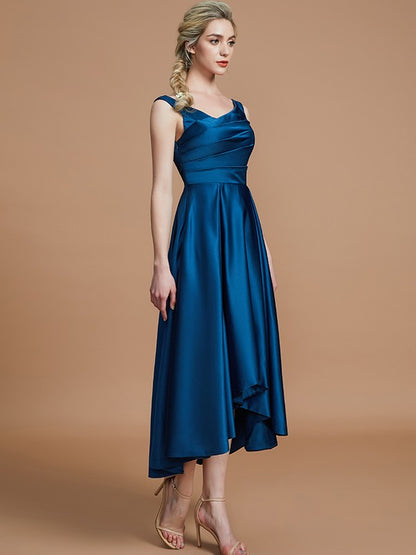 Wholesale A-Line V-neck Satin Asymmetrical Sleeveless Bridesmaid Dresses