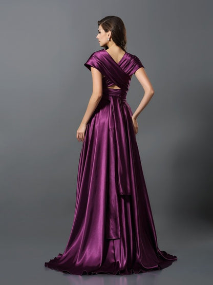 Wholesale A-Line Silk like Satin V-neck Sleeveless Sweep/Brush Train With Pleats Convertible Bridesmaid Dresses