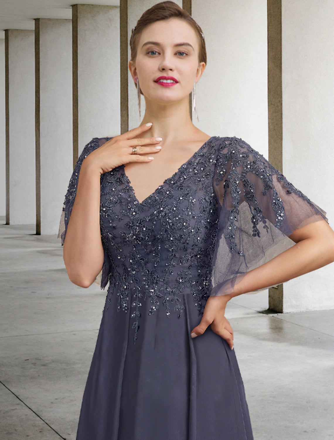 Wholesale A-Line Plus Size Curve Mother of the Bride Dress Elegant Jewel Neck Ankle Length Chiffon Lace Short Sleeve with Beading Sequin Appliques