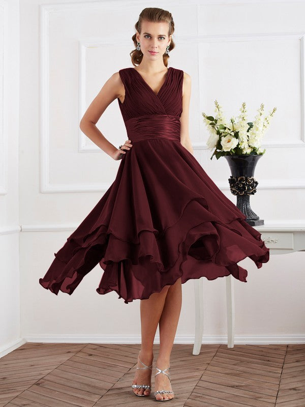 Wholesale A-Line Chiffon V-neck Short Sleeves Tea-Length With Pleats Bridesmaid Dresses