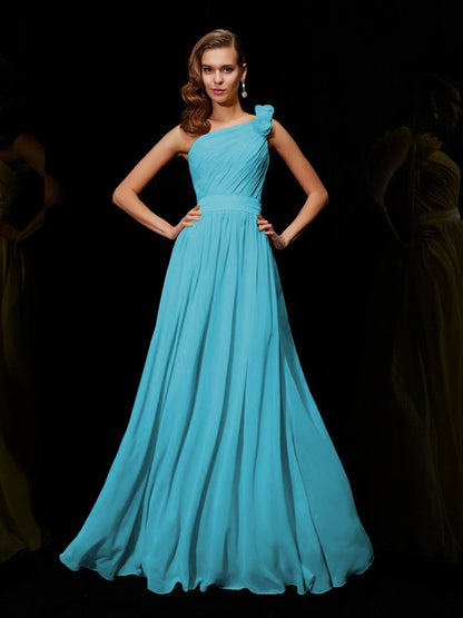 Wholesale A-Line Chiffon One-Shoulder Sleeveless Floor-Length With Hand-Made Flower Bridesmaid Dresses