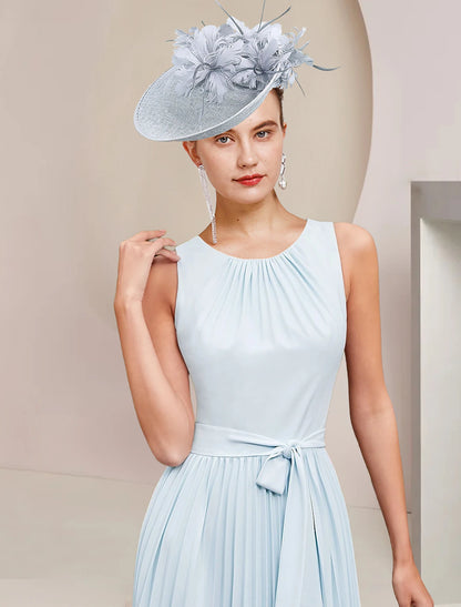 Wholesale Two Piece A-Line Mother of the Bride Dress Wedding Guest Party Vintage Elegant Scoop Neck Tea Length Chiffon Sleeveless Wrap Included with Bow(s) Pleats