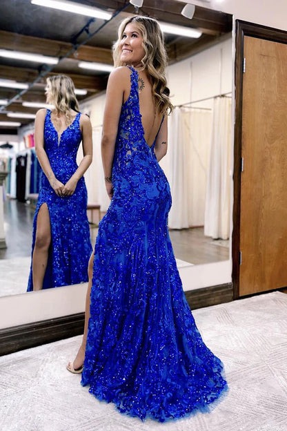 Aimishang Mermaid Evening Dress V Neck Sequined Lace Prom Dress with Slit