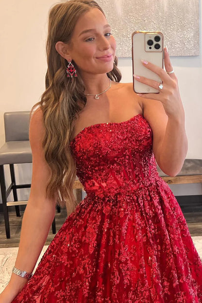 Wholesa Red A-Line Strapless Sequin Lace Prom Dresses