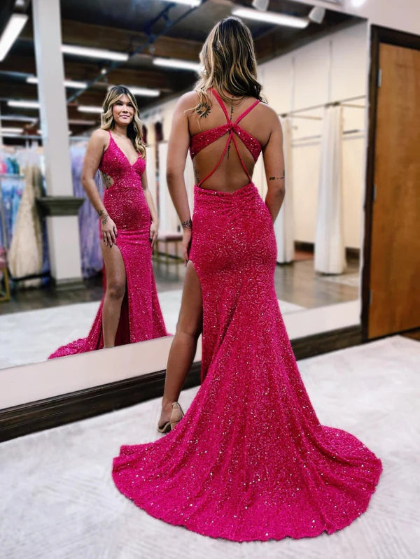 Wholesale Elegant Glitter Red Mermaid Evening Dress V Neck Cut Out Prom Dress with Slit