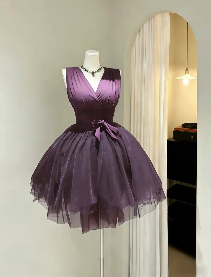 Aimishang Elegant Purple A Line V-neck Sleeveless Short Formal Prom Dress Classy Birthday Homecoming Dress